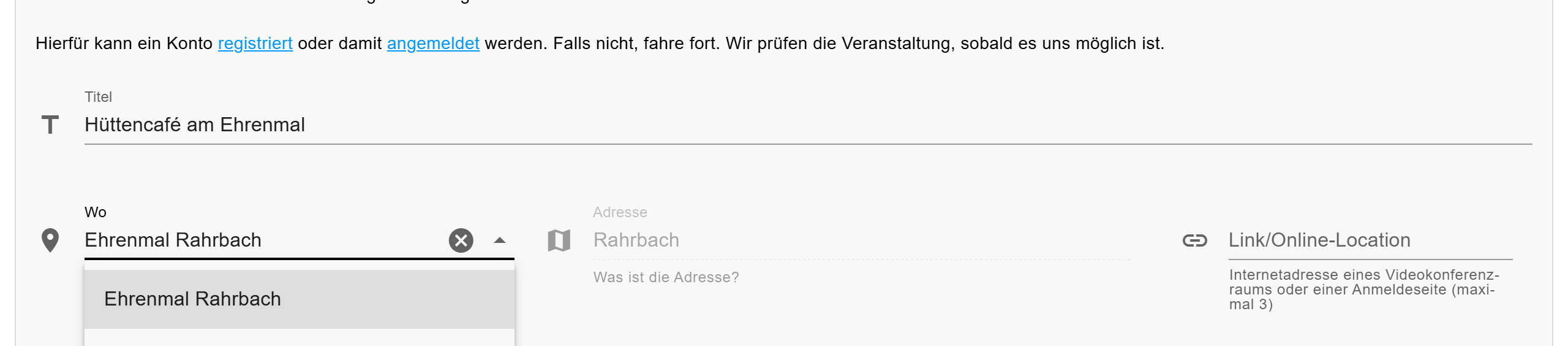 Felder für Titel und Ort