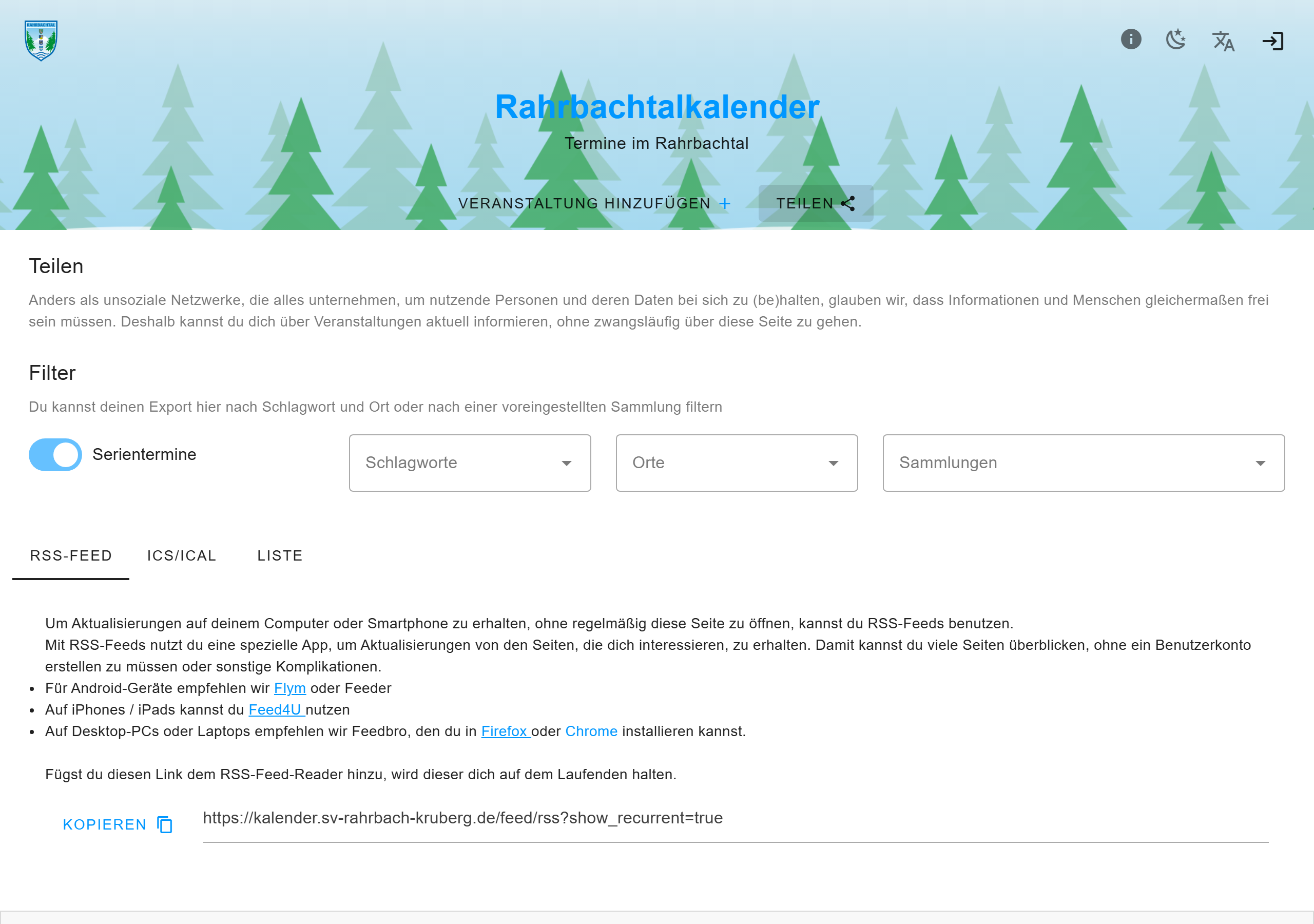 Die Teilen-Seite mit der Kalenderadresse